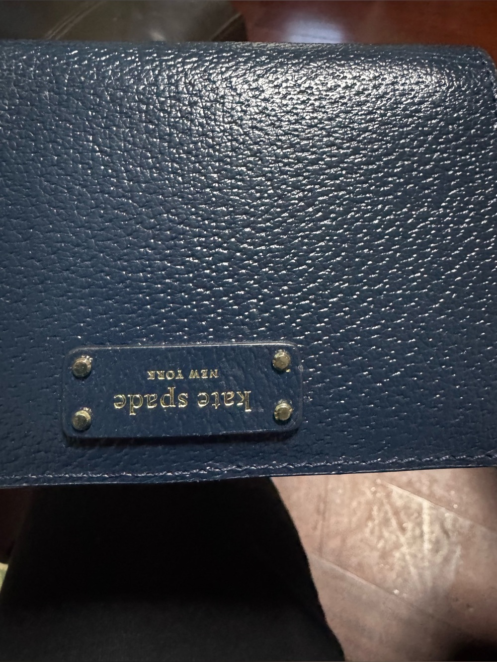 kate spade navy pebbled leather continental wallet with gold logo plate